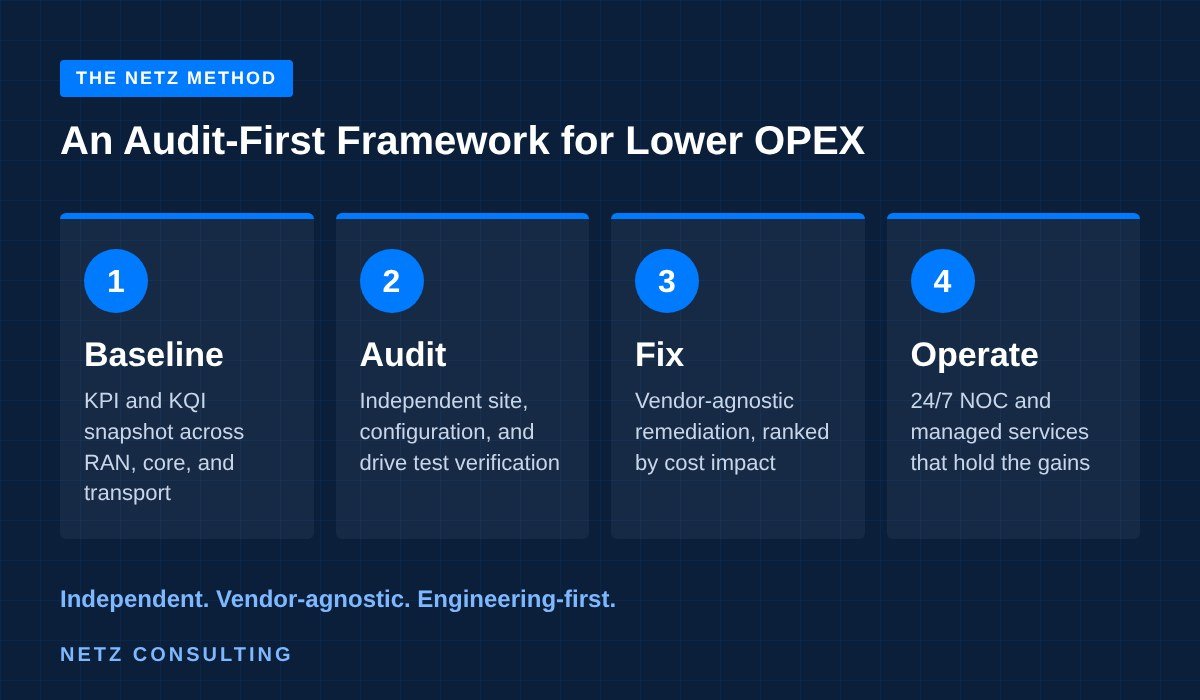 Netz Consulting audit-first framework: baseline, audit, fix, operate
