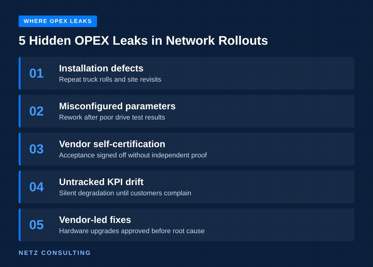 Five hidden OPEX leaks in telecom network rollouts infographic